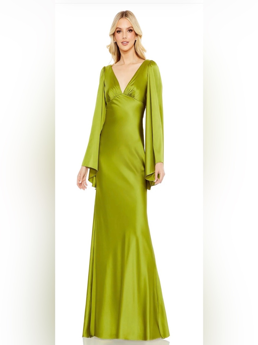 Mac Duggal Olive-Green Satin Maxi Dress with Cape Sleeves